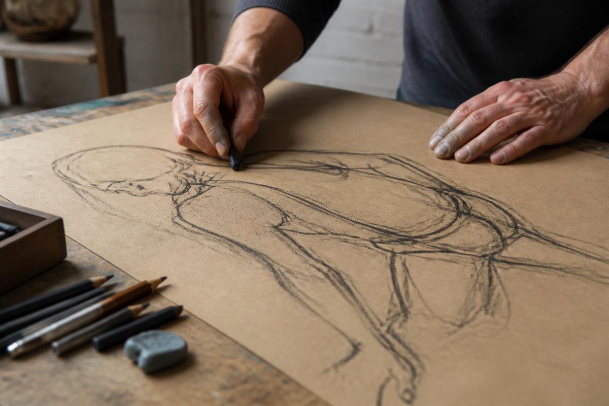 Hands drawing with charcoal on paper