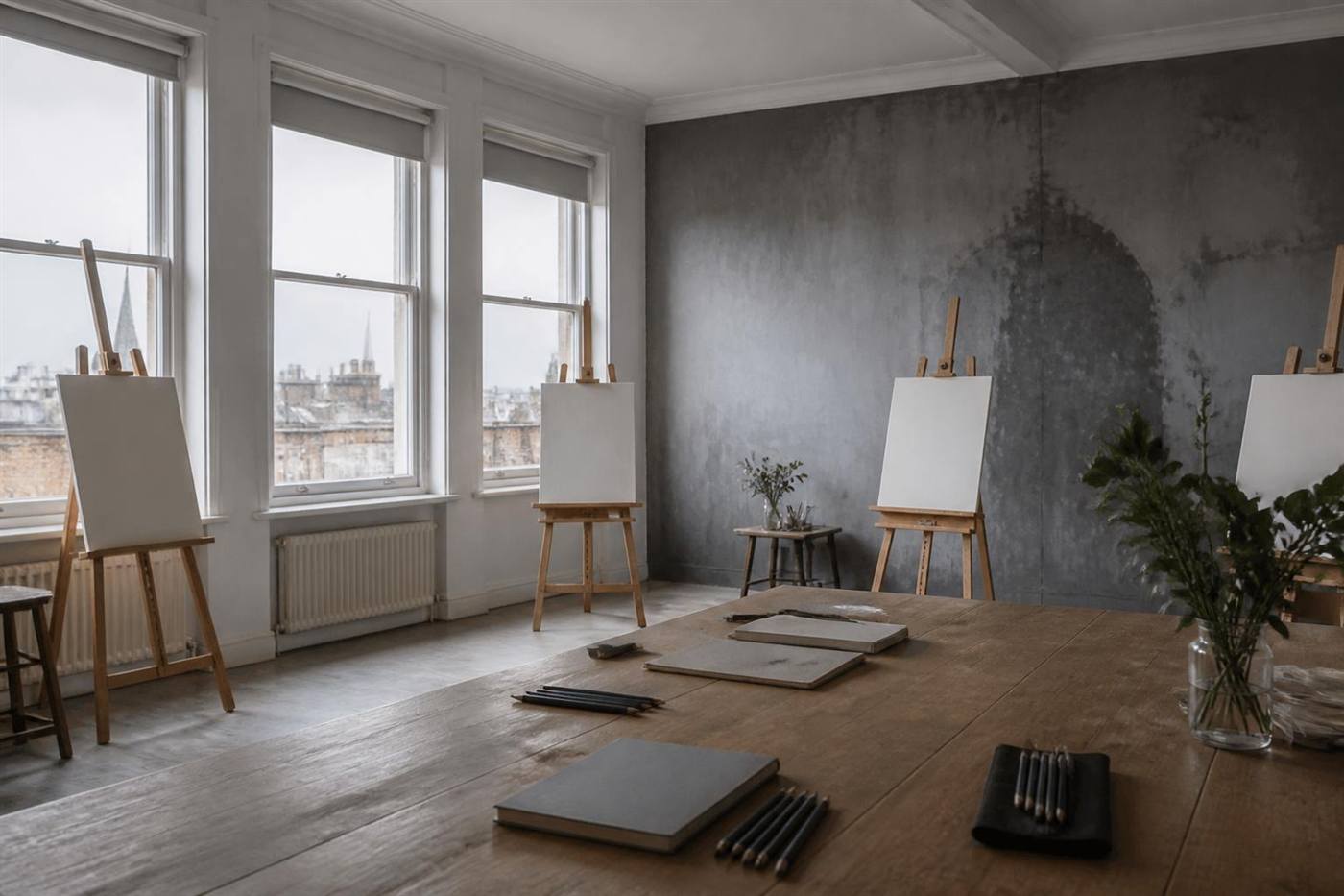Bright studio with wooden easels and soft daylight