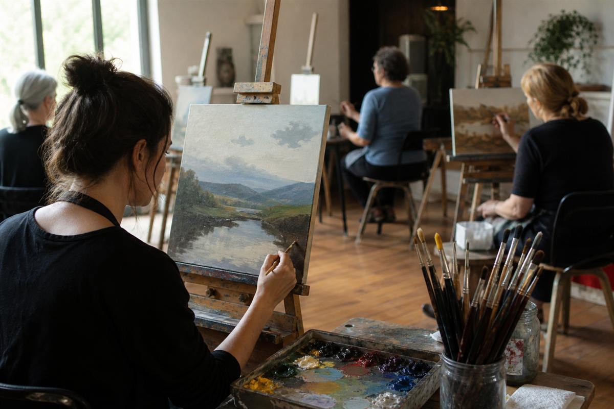 Oil paints and brushes beside a canvas