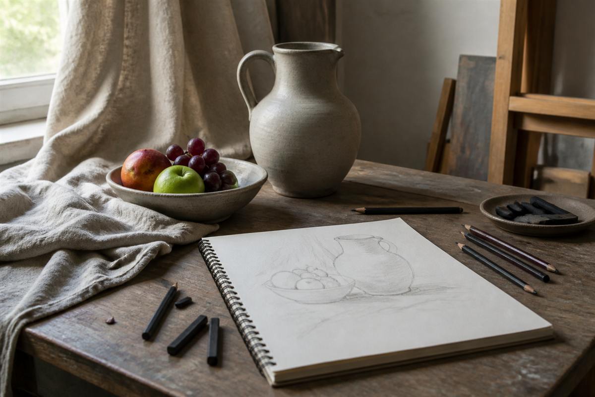 Still life setup with jug, fruit, and sketchbook