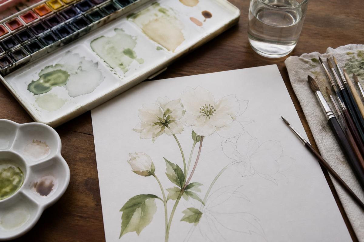 Watercolour paints and botanical study